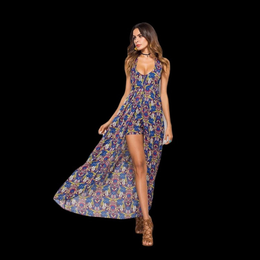 Halter Neck Sleeveless Floral Split Hem Maxi Dress